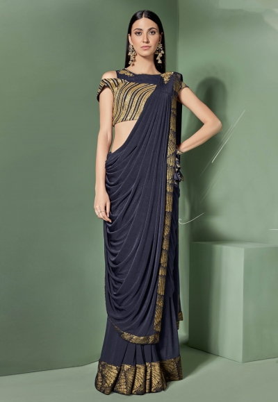 Navy blue lycra cold shoulder party wear saree  5307